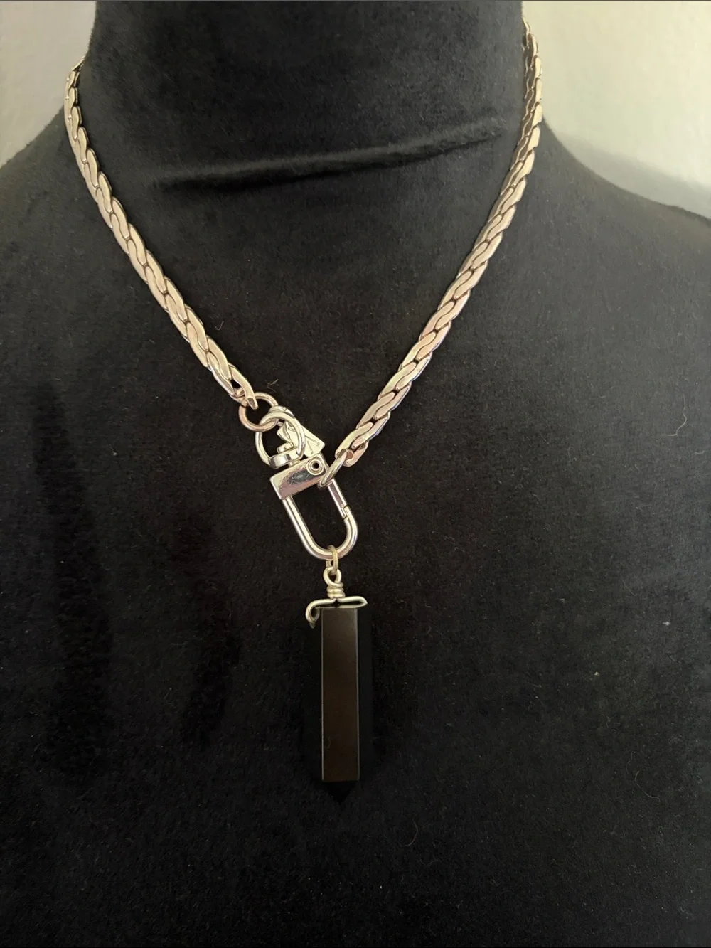 Silver  Lanyard Necklace with Black Pendant
